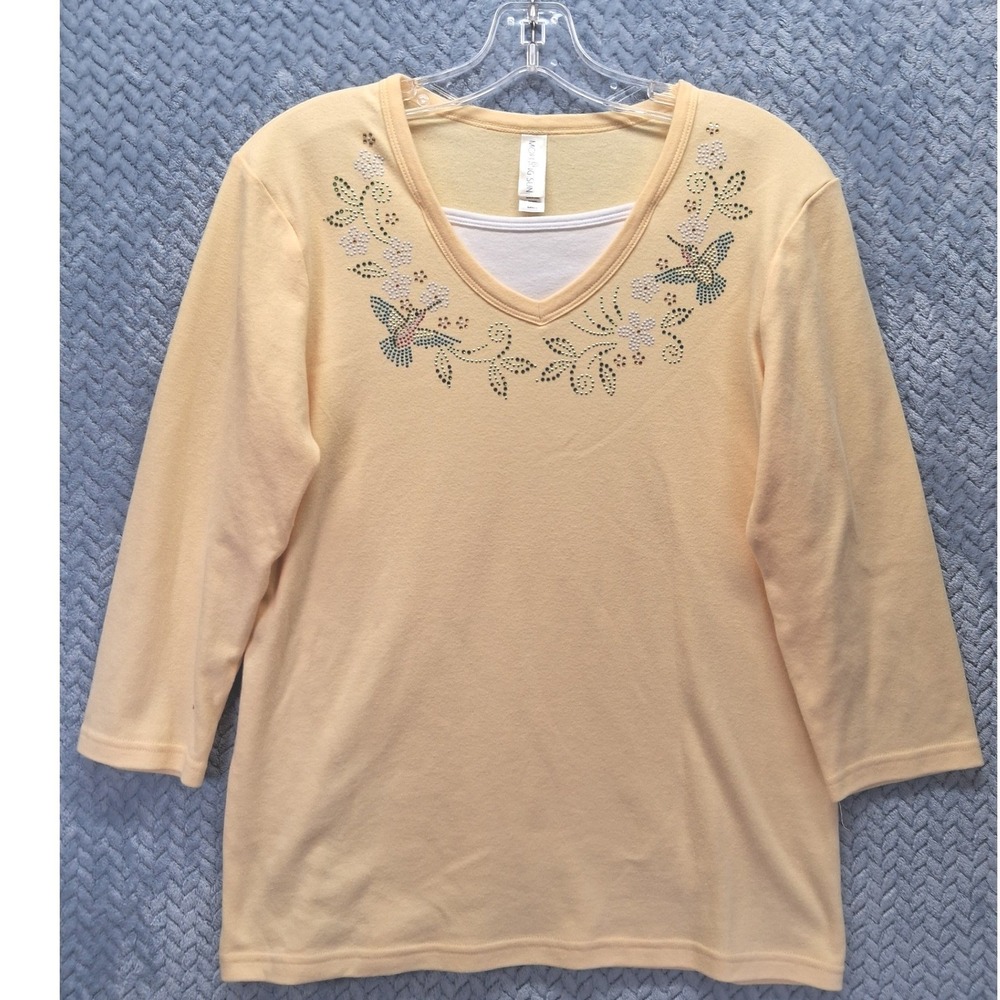 Morning Sun Yellow Hummingbird Floral Rhinestone V-Neck Sweatshirt Top Small